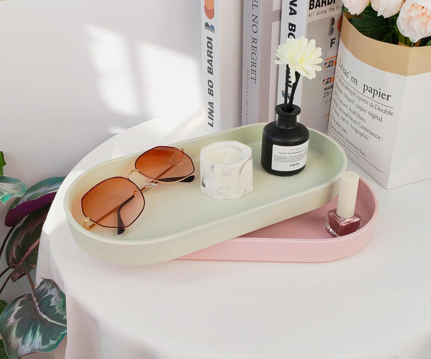 Green Small Tray (11.8 inch), Oval Tray for Kitchen Counter, Bathtub Bathroom Vanity Items, Countertop Organizer, Coffee Accessory, Bar, Serving Seasoning, Salt and Pepper, Soap, Perfume.