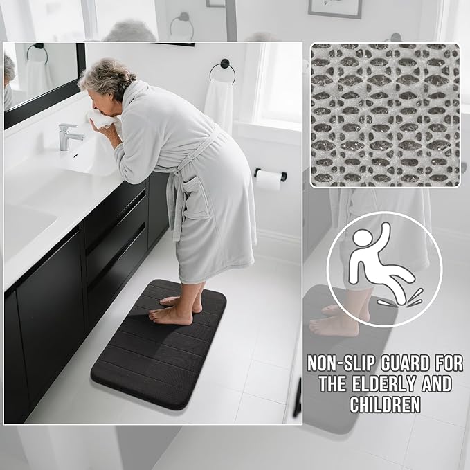 Yimobra Large Bath Mat 36"x24", Super Soft Quick Dry Memory Foam Bathroom Rug, Water Absorbent, Non Slip Backing Machine Washable for Tub Shower, Thick Comfort Support, Black