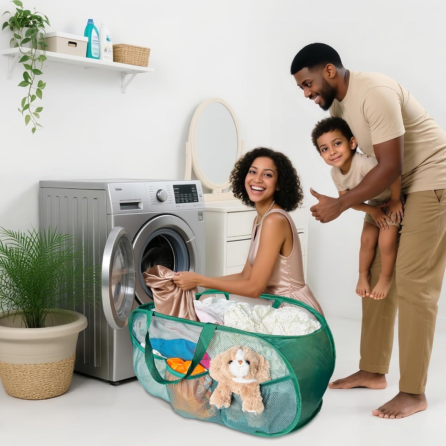 Collapsible Laundry Basket 2 pack, Mesh Pop Up Laundry Hampers with Handles, Anti-tear, Light Breathable, Odor-free, Fold Compact, Large Hold Portable Travel Laundry Bag for Home Bin, Green. H+V