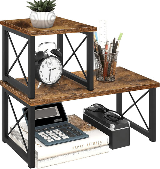ELITEROO Wood Desktop Shelf, 2 Tier Adjustable Small Bookshelf Organizer, Freestanding Stackable Desk Stand, Storage Organizers, Kitchen Counter Display Rack, Rustic Brown