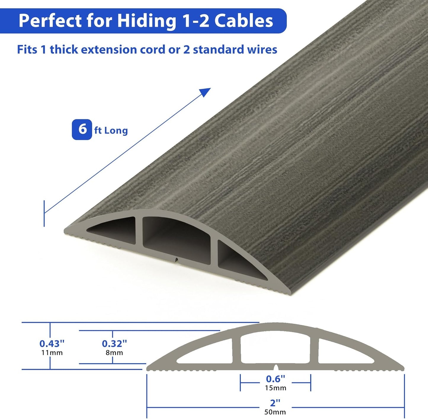 Floor Cord Cover 6ft, Gray Oak Wood Cord Hider Floor Hide Extension Cords, Floor Cable Management Floor Cable Cover Wire Covers for Cords, Cable Protector Cord Cavity W0.6in x H0.32in