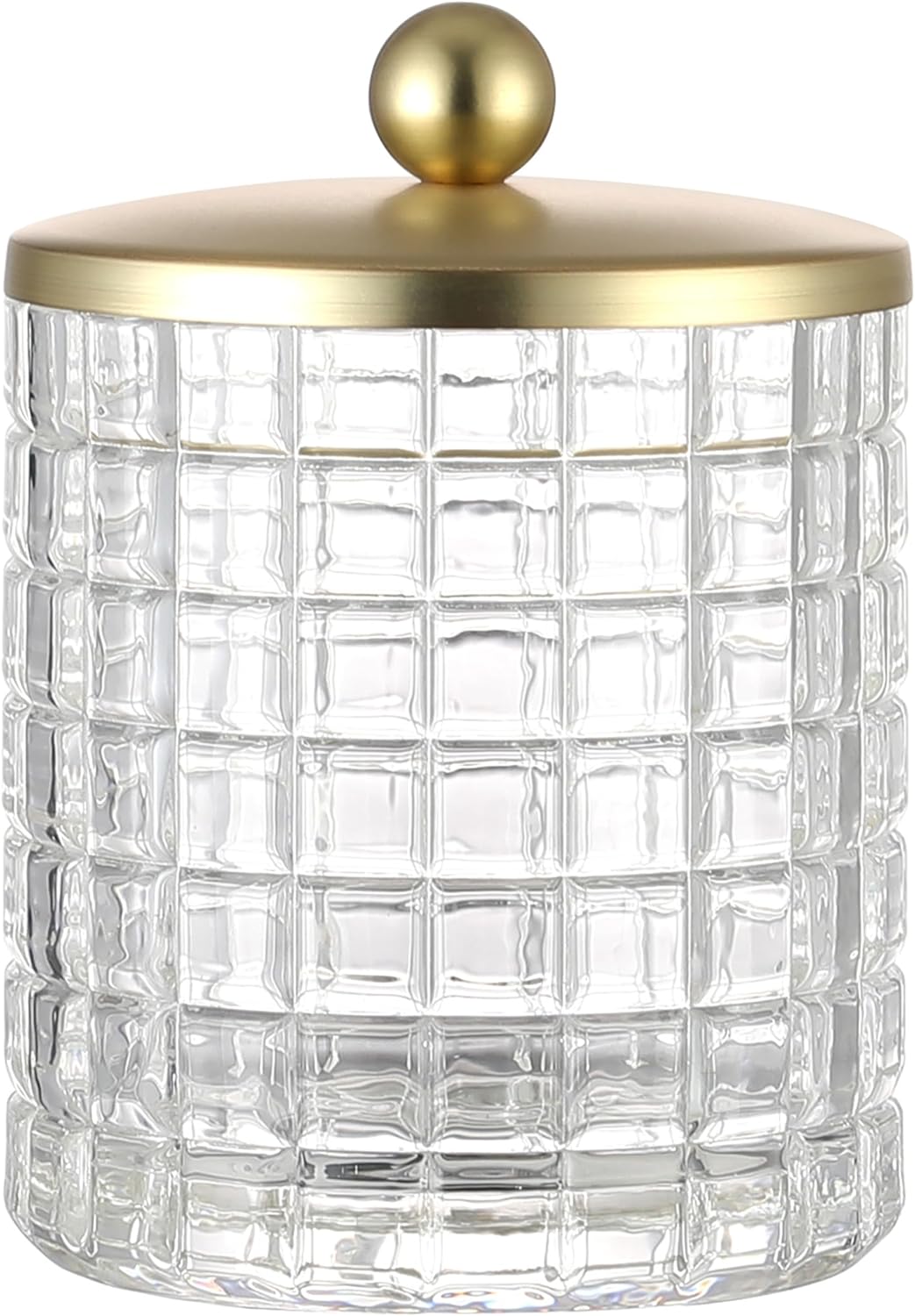 Clear Tranparent Apothecary Etched Geometric Grid Glass Jar W/Gold Metal Lid Cover for Bathroom Organization, Cotton Balls, Q Tips, and Small Accessories, Bathroom Storage