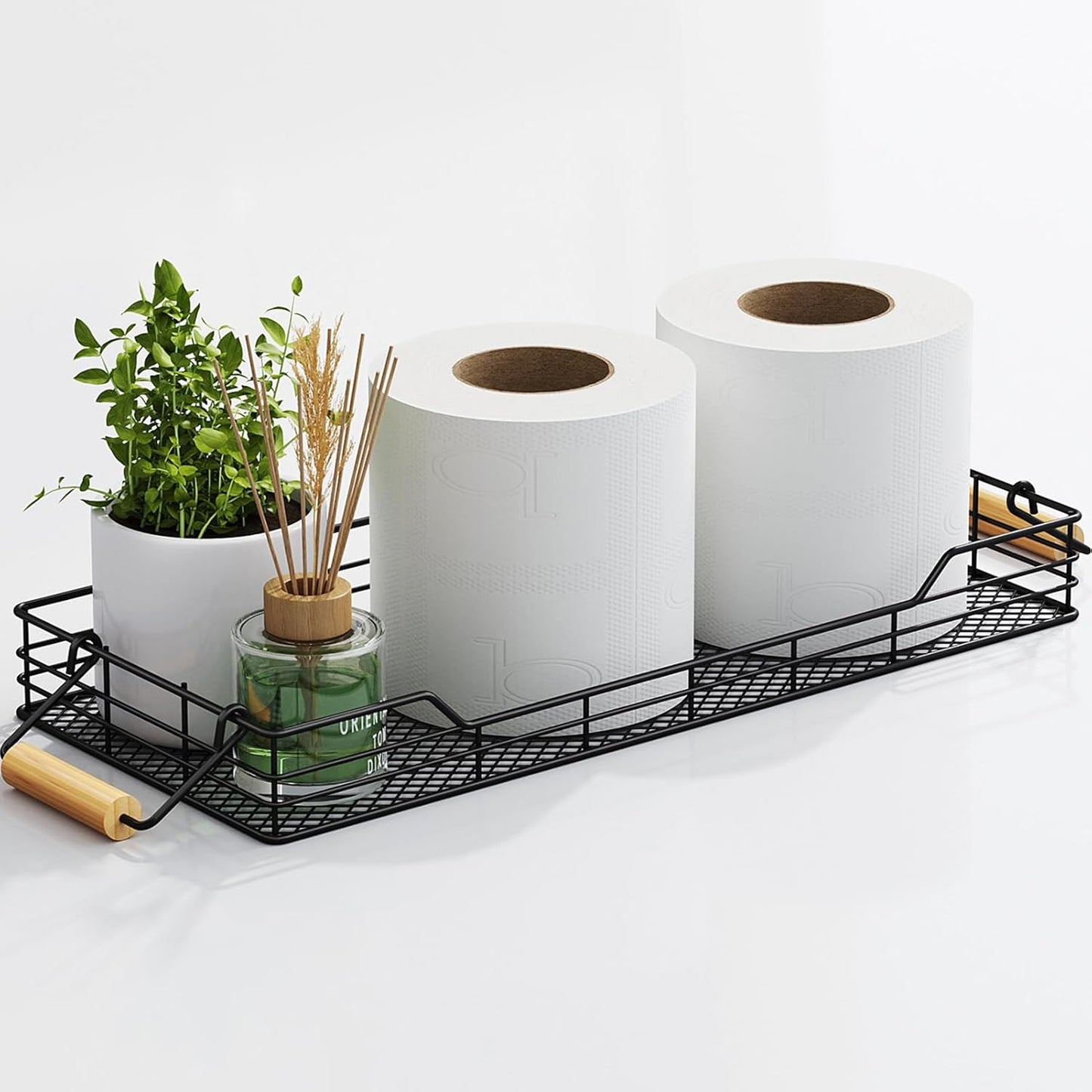 VITVITI Metal Toilet Paper Basket Storage, Bathroom Toilet Tank Tray with Bamboo Handle Countertop, Back of Toilets Tray Basket for Vanity Kitchen Counter Decor, Black