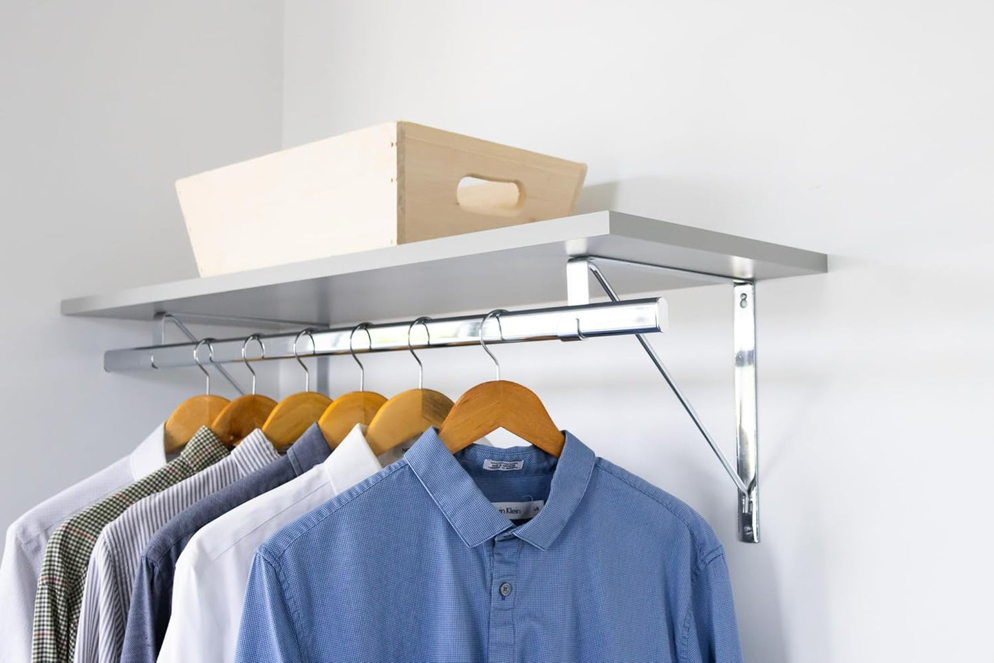 Custom Cut-to-Size Premium Wall-Mounted Shelf with Rod and Bracket Kit. 3/4" Thick Shelves, 14 inches deep. Customize The Length from 16" up to 72".