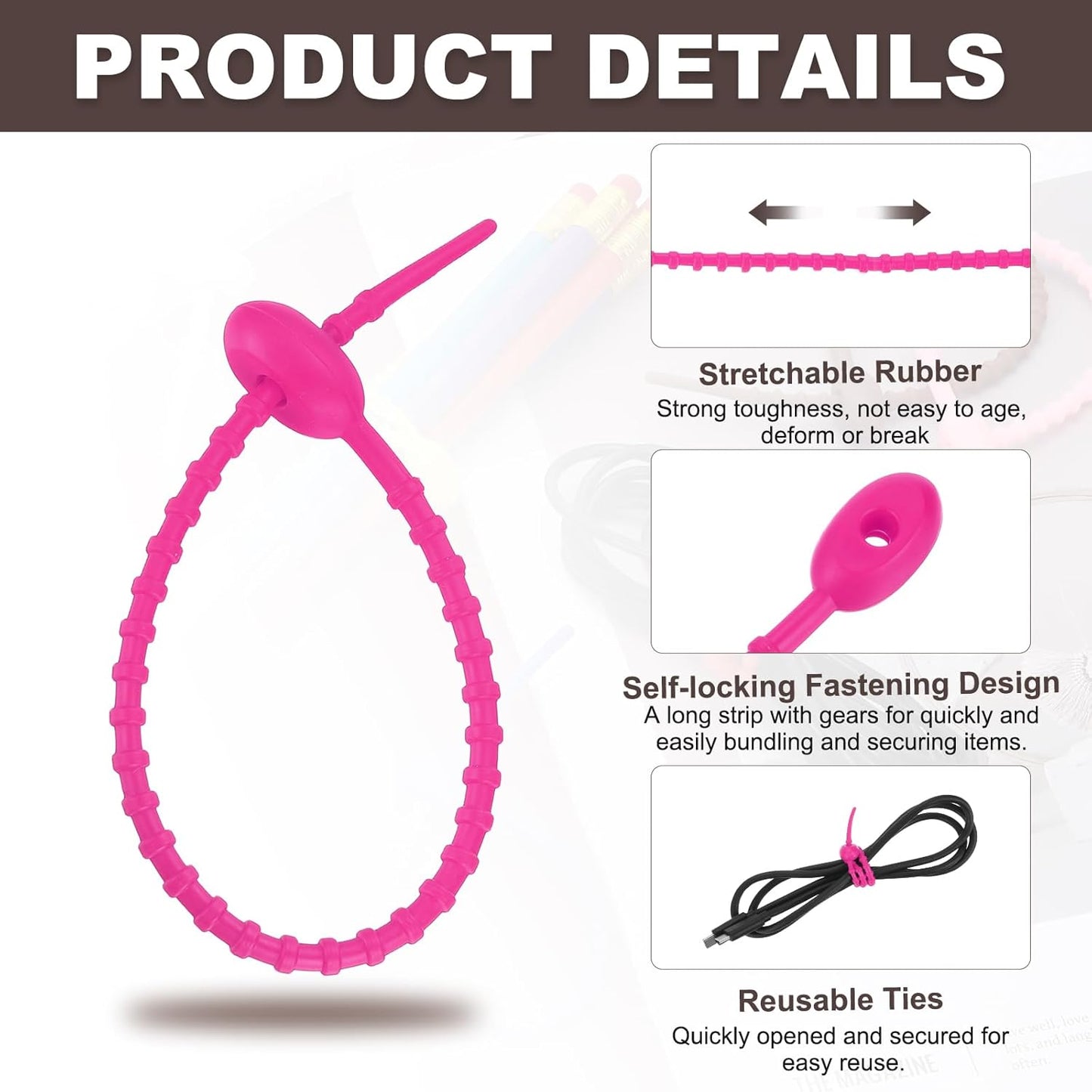 uxcell 20 Pcs Silicone Ties Bag Clip, 8.5 Inch Multi Purpose Silicone Zip Ties Reusable Rubber Zip Tie, Cable Strap Cord Organizer for Home Office Food Bag Wires Cables, Rose Red