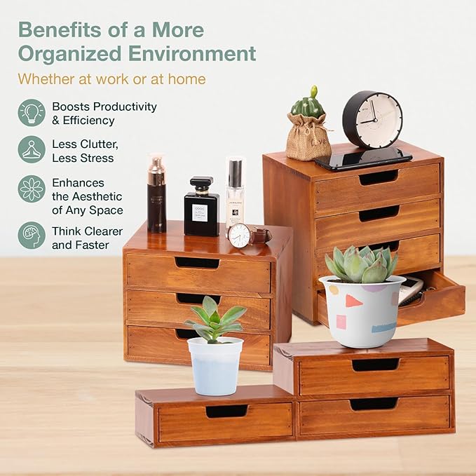 4-piece Drawer Cabinet Bundle Set - Modern Mahogany Wood Stackable Units - Multi-level Drawer Desktop Storage Organizers (4-Pack)