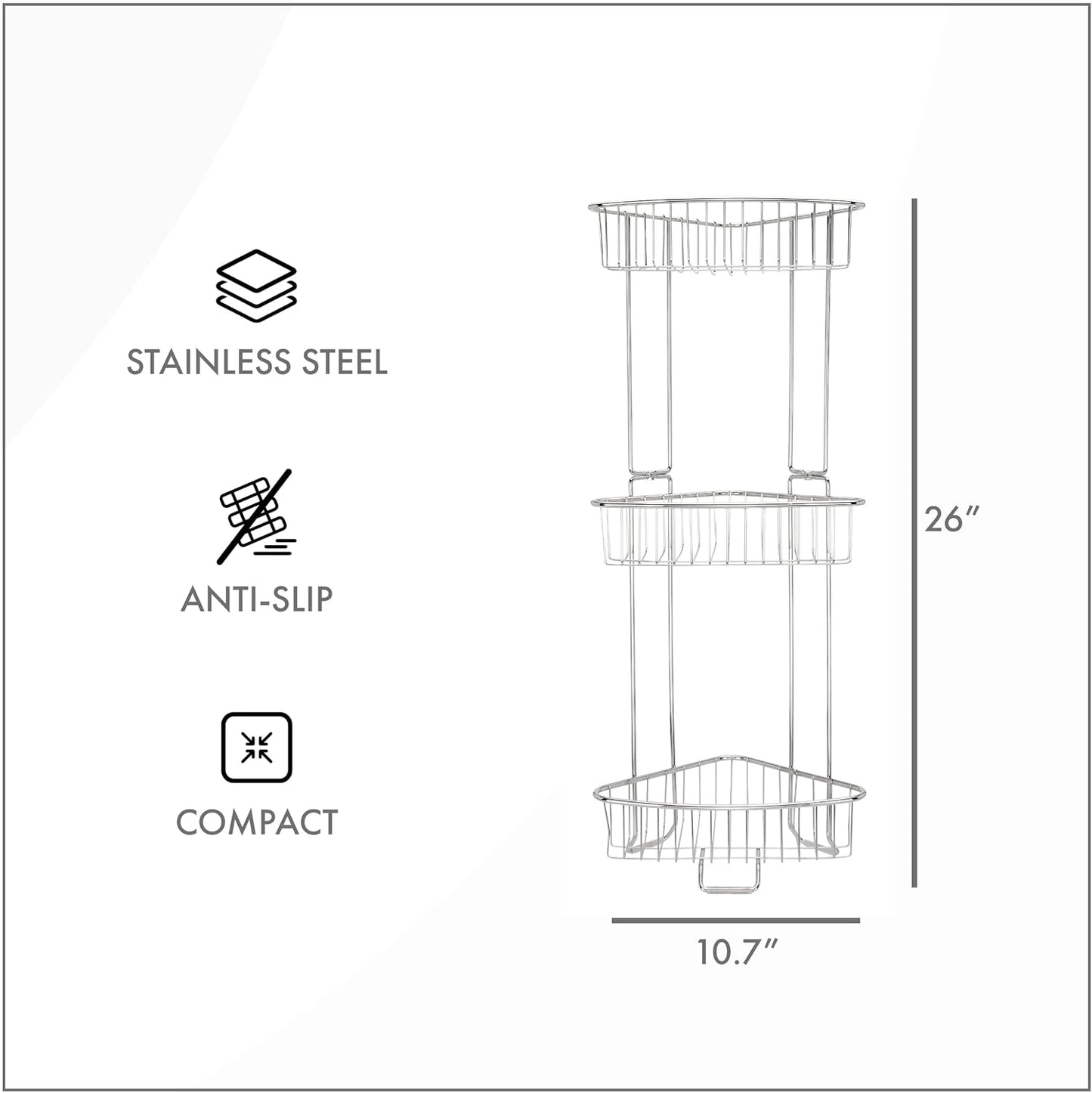 ToiletTree Products Stainless Steel Floor Shower Caddy - Corner Caddy Shelf for Bathroom and Bath Storage - Rust-Proof Caddy for Shampoo, Soap, and More