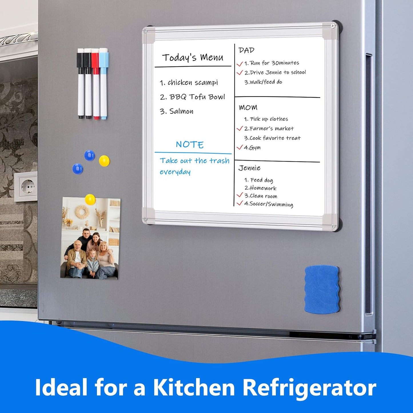 Magnetic Dry Erase Board for Refrigerator, 13.8"x11.8" Small Whiteboard with Magnets, Mini Memo Boards for Kitchen, No-Scratch Rubber Coating & Easy-Clean Surface for Fridge, Wall, Locker