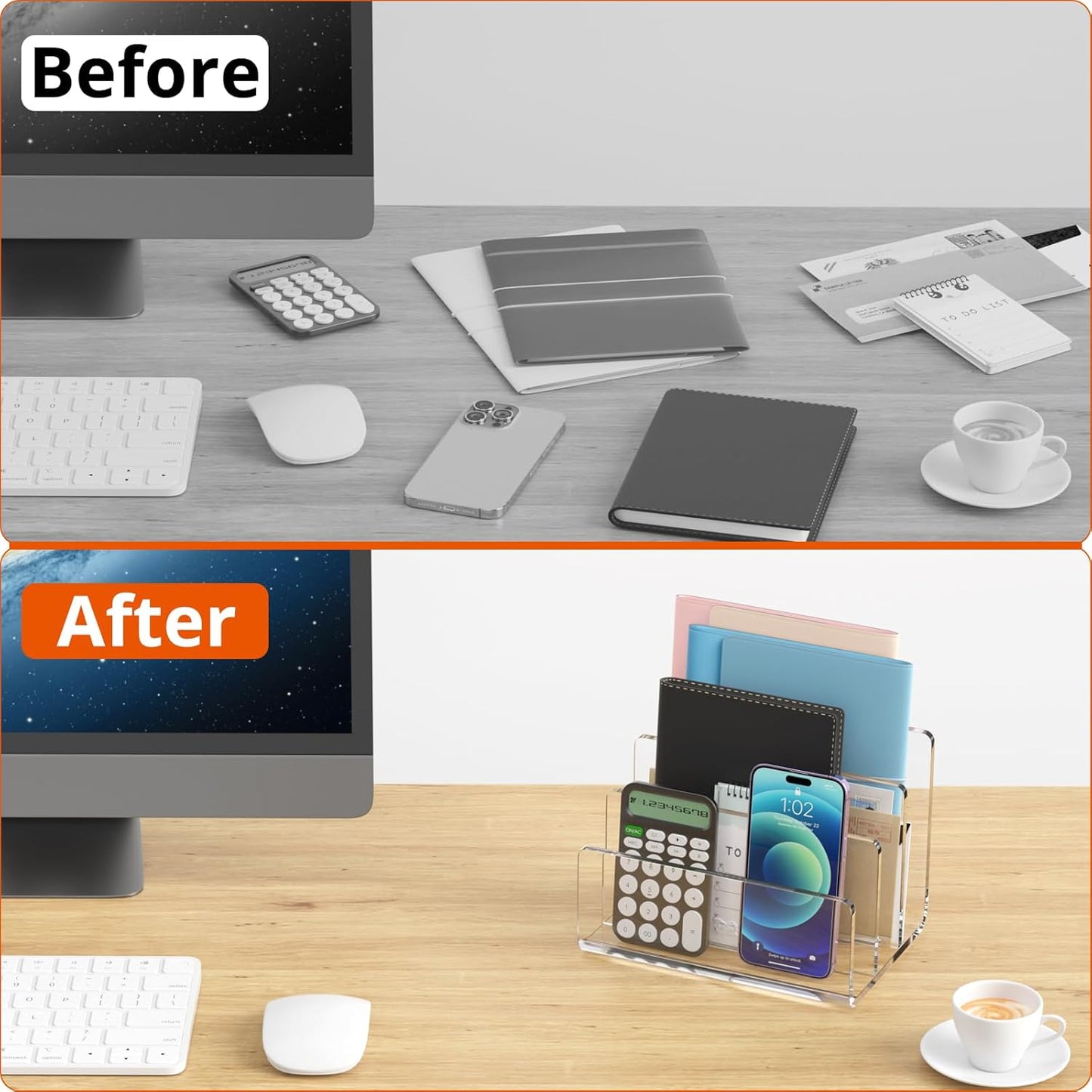 Richboom Acrylic File Sorter, 8.5"x6.3"x6.2", Upright File Organizer for Desk, Mail Organizer Countertop, File Holder for Letter, Document, Notebook, Clear, 3 Sections