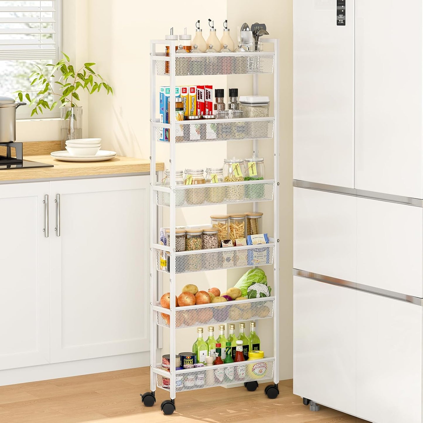 6 Tier Slim Storage Cart, Narrow Cart with Wheels, Metal Mobile Shelving Unit Organizer for Bathroom, Kitchen, Laundry Room, Living Room & Narrow Spaces, White, 6in(W)