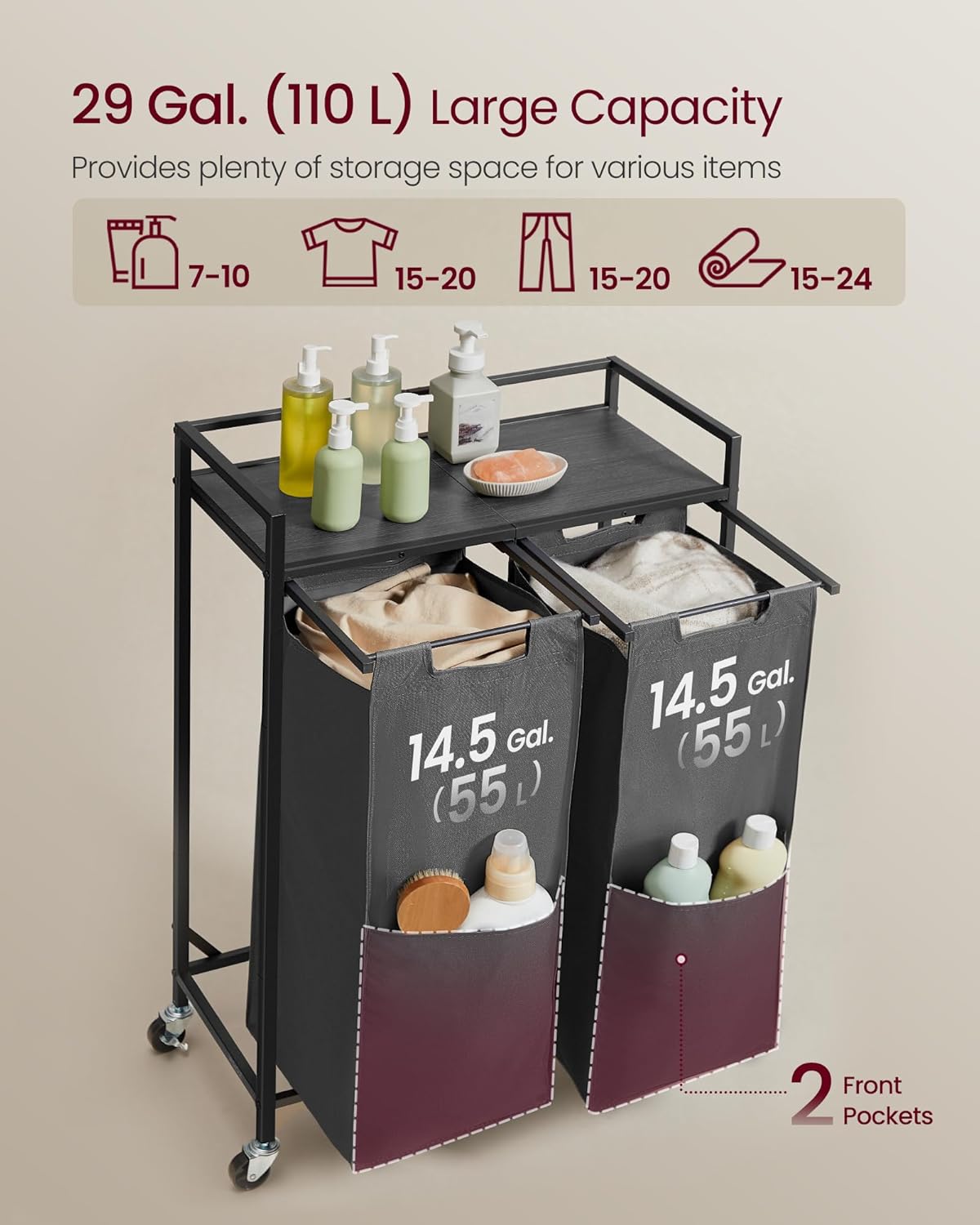 VASAGLE Laundry Sorter, 29 Gal. (110 L) Laundry Hamper Basket with 2 Compartments, Rolling Cart with Wheels, Shelf, Removable Bags, Pockets, Slate Gray and Charcoal Gray UBLH021G01