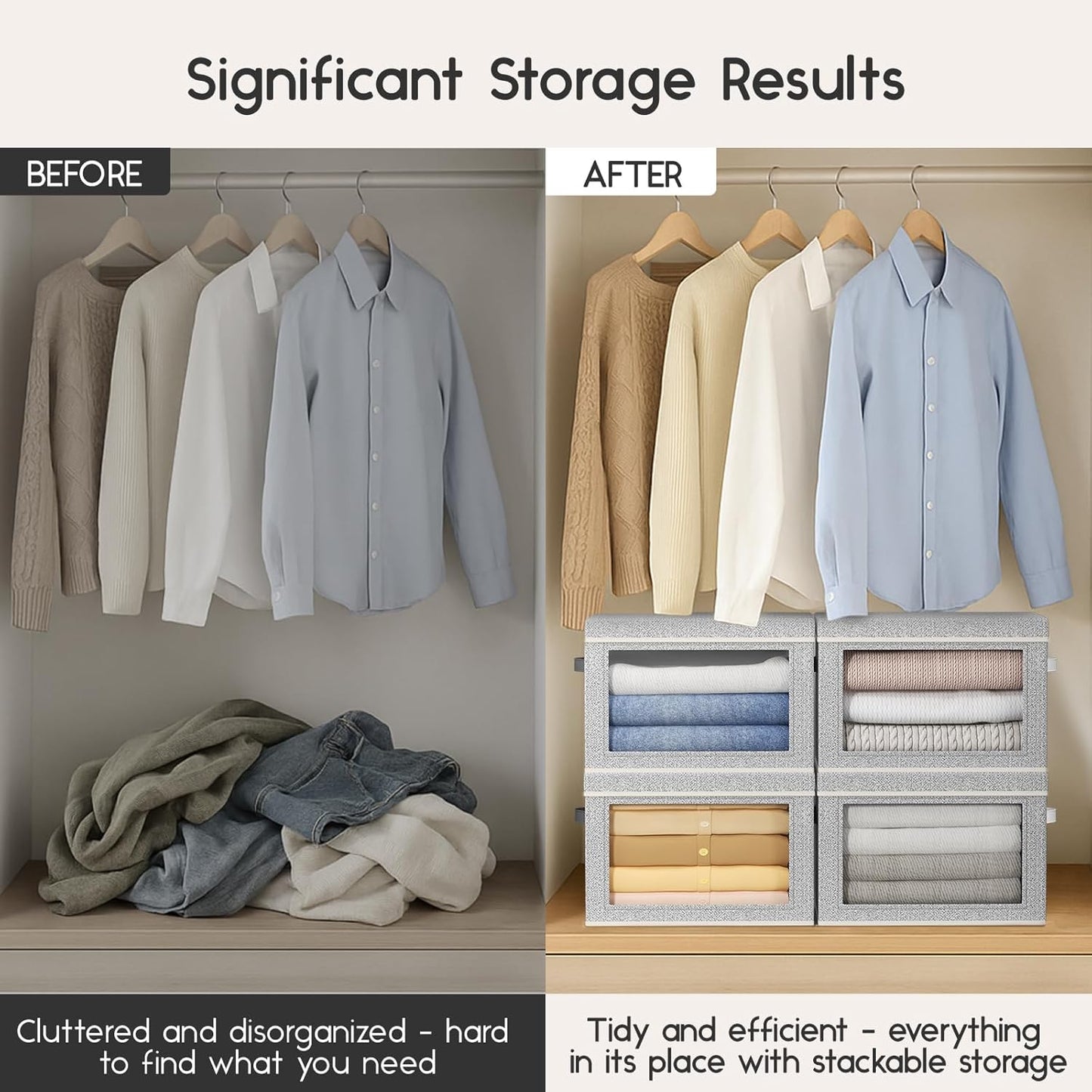 Collapsible Storage Bins with Lids - Stackable Storage Containers with Window, 3 Pack Fabric Bins for Closet, Home & Office Organization Baskets, Light Gray, 14.9" x 9.8" x 9.8"