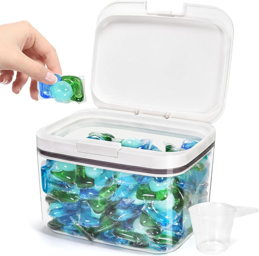 Laundry Pods Container Holder with Lid, Laundry Room Storage Container for Detergent Pods Laundry Powder Scent Booster Container with Scoop