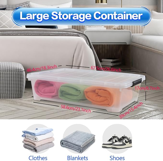 Gloreen 3-Packs Plastic Underbed Storage Bins with Lids, 40 Quart Latch Storage Box