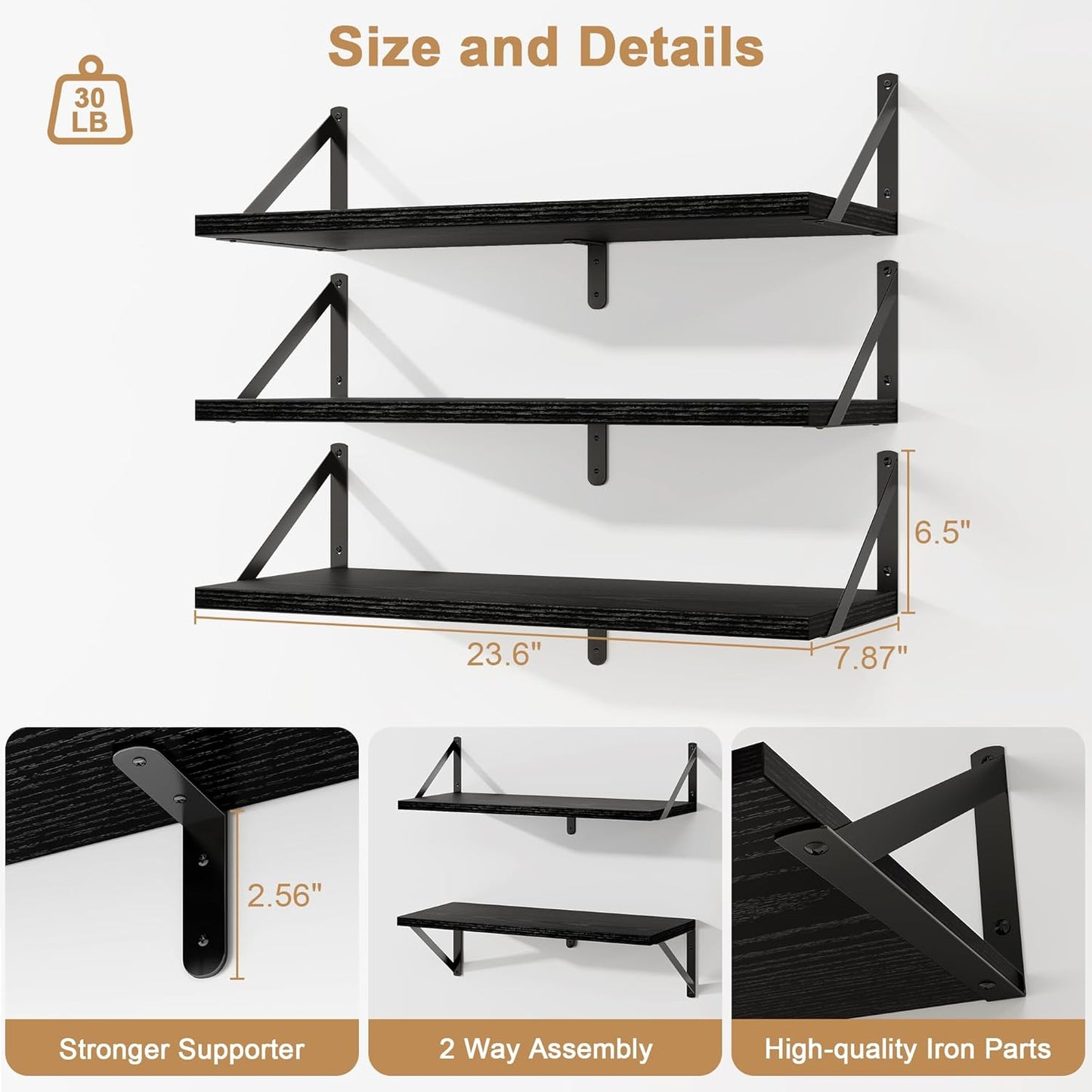 Fun Memories Floating Bookshelves, Set of 3 Wall-Mounted Wood Shelves 24" W x 8" D, Decorative Wall Shelf for Living Room, Bedroom, Bathroom, and Laundry Room (Black)