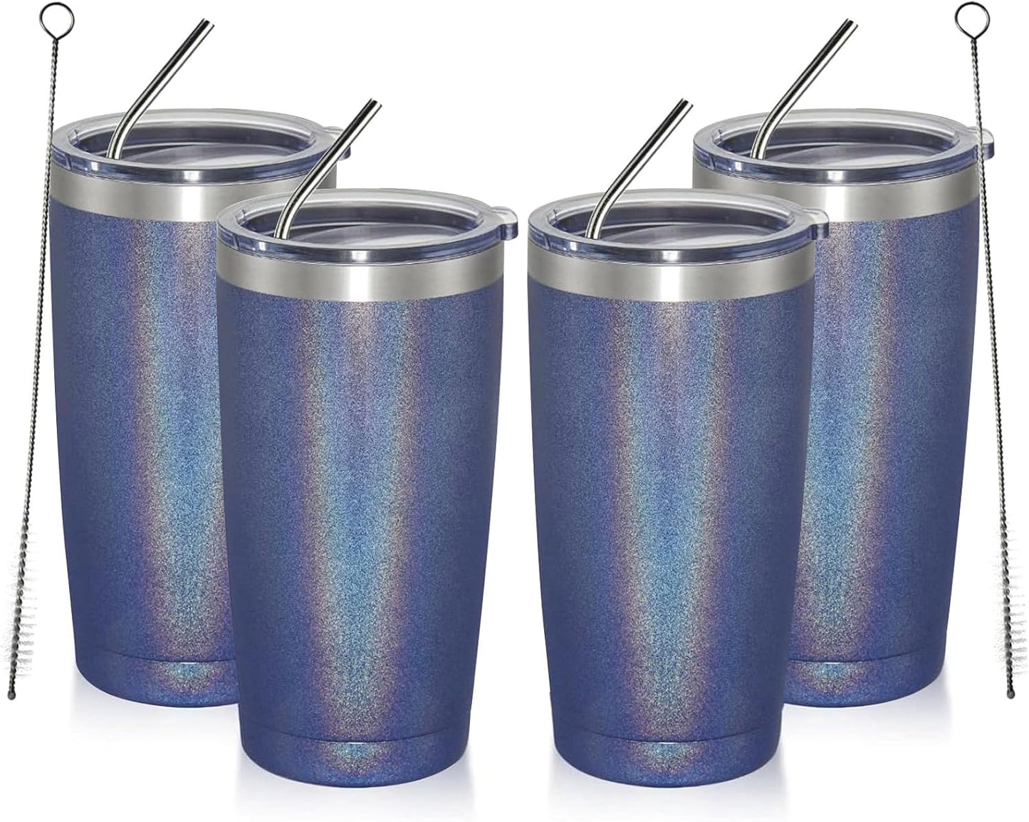 MEWAY 20oz Tumbler 4 Pack Double Wall Vacuum Insulated Travel Glitter Mug Bulk, Stainless Steel Tumblers with Lid and Straw, Powder Coated Coffee Cups for Woman(Rainbow Navy,Set of 4)