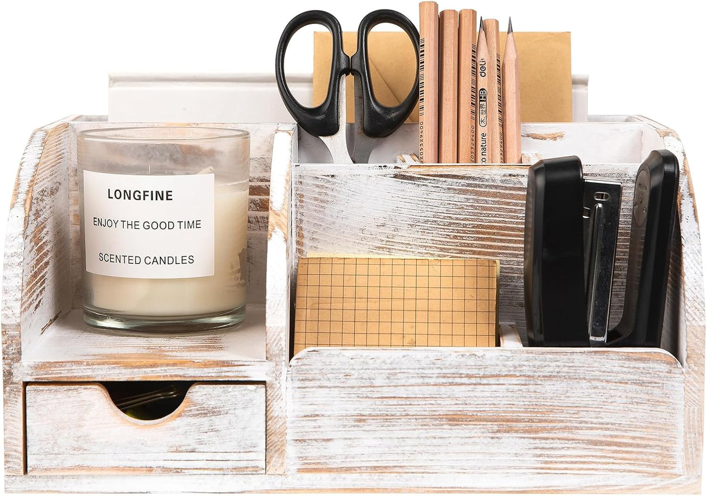 VERGOODR Office Desk Drawer Supply Organizer and Accessories, Wood Desk Organizer with 6 Compartments & 1 Drawer Binders Folder Papers Holder Pen Holder Office Desktop File Organizer (Washed white)