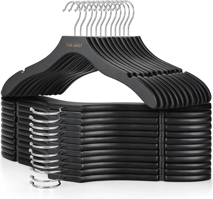 TOPIA HANGER Wooden Coat Hangers 24 Pack, Premium Wood Suit Sweater No Shoulder Bump Hangers, 360° Swivel Hook and Cut Notches Clothes Hangers for Sweater, Hoodie, Shirts, Jackets, Dress, Black CT85B