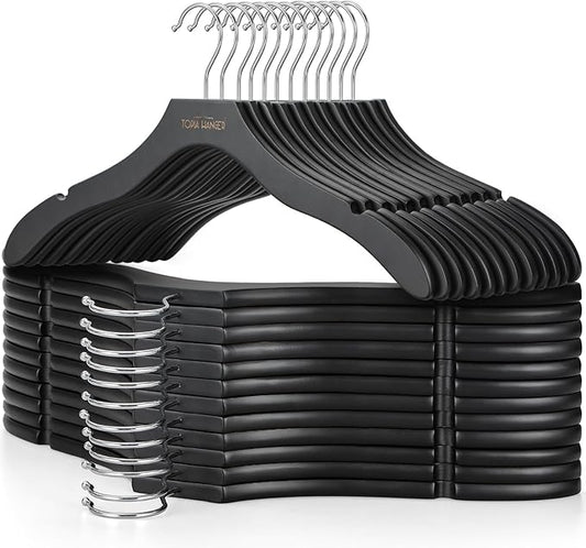 TOPIA HANGER Wooden Coat Hangers 24 Pack, Premium Wood Suit Sweater No Shoulder Bump Hangers, 360° Swivel Hook and Cut Notches Clothes Hangers for Sweater, Hoodie, Shirts, Jackets, Dress, Black CT85B