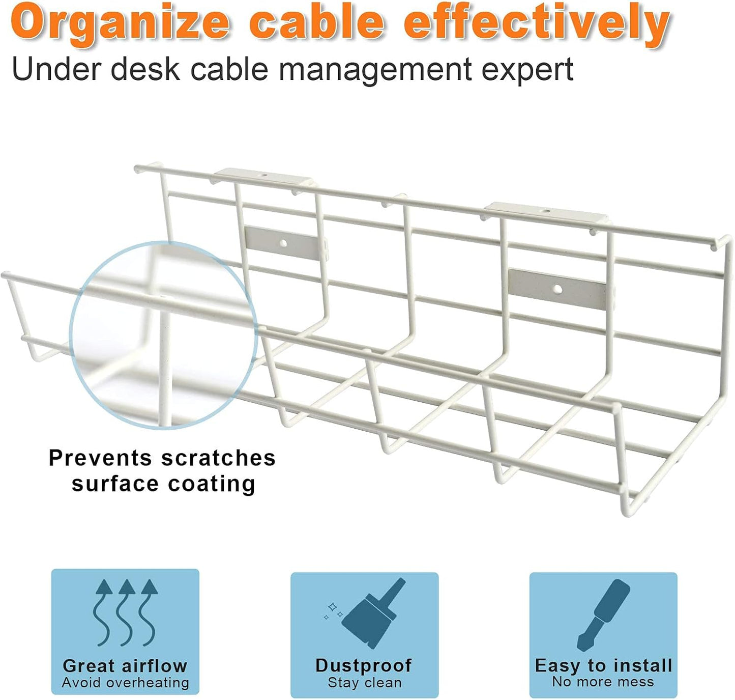 Under Desk Cable Tray - 2 Pack Cable Raceway for Wire Management. Metal Wire Organizer for Office, Studio and Home. Super Sturdy Cord Organizer for Desk - White Cable Management Under Desks