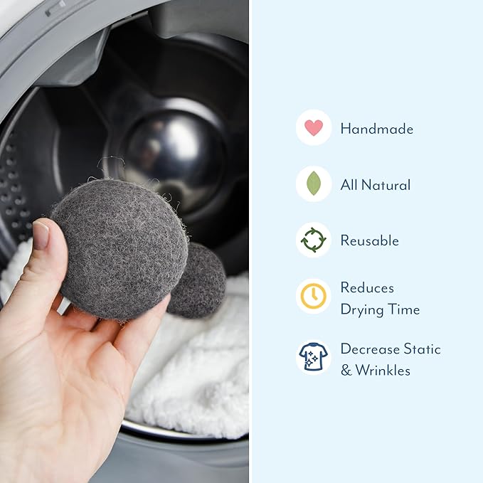 ELYN Wool Dryer Balls 6-Pack - XL, 100% New Zealand Wool, Reusable and Handmade. Fragrance-Free, Natural Fabric & Laundry Softener, Reduce Wrinkles, Static and Drying Time (Grey)