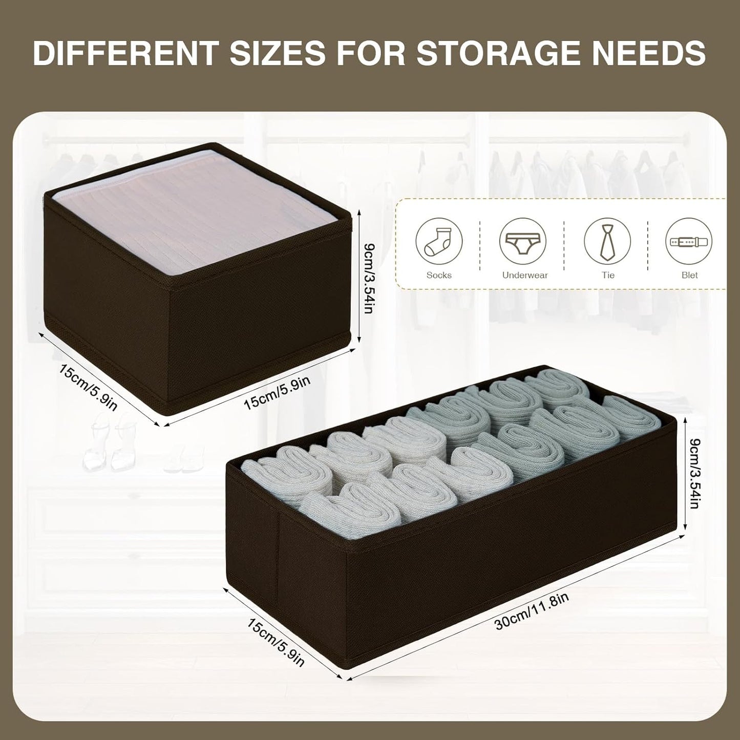 DIMJ Drawer Organizer Clothes, Underwear Drawer Organizer, Set of 4 Foldable Closet Drawer Bins, Fabric Drawer Dividers for Baby Clothes, Socks, Belt, Tie (Brown)