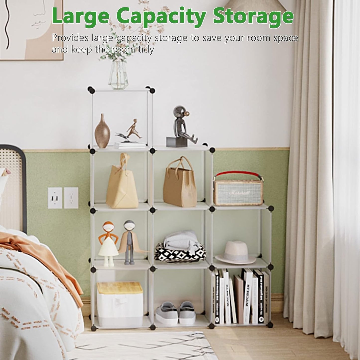 C&AHOME Cube Storage, 9-Cube Plastic Closet Cabinet Organizer, DIY Stackable Bookshelf, Modular shelving Units Ideal for Home, Office, Kids Room, 36.6"L x 12.4" W x 48.4" H Translucent White SBTM3009A