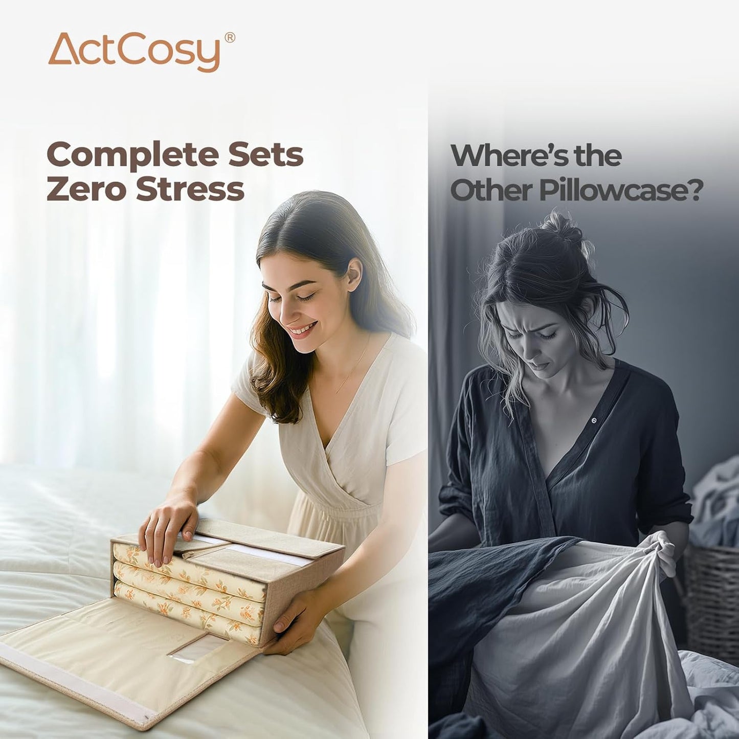 Sheet Organizers and Storage with Handles – Foldable Linen Closet Storage for King & Queen Sheet Sets – Clear Window & Removable Labels – Dustproof & Space-Saving Design, 8 Pack, Beige