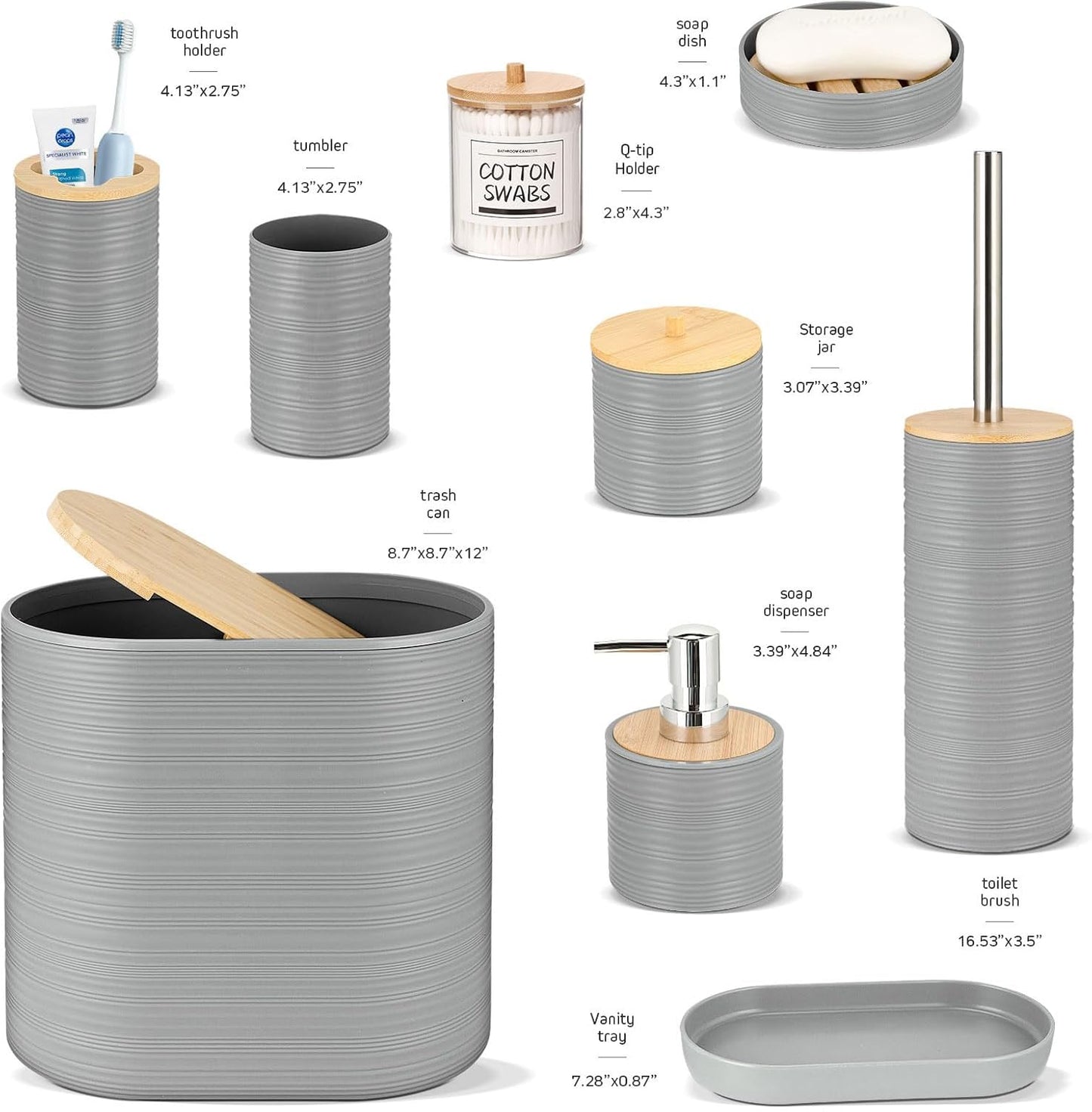 IMAVO Bathroom Accessory Set-11Pcs Grey Bathroom Accessories Set with Trash Can,Soap Dispenser,Soap Dish,Toothbrush Holder,Toothbrush Cup,Toilet Brush Holder,Qtip Holder Dispenser with Labels