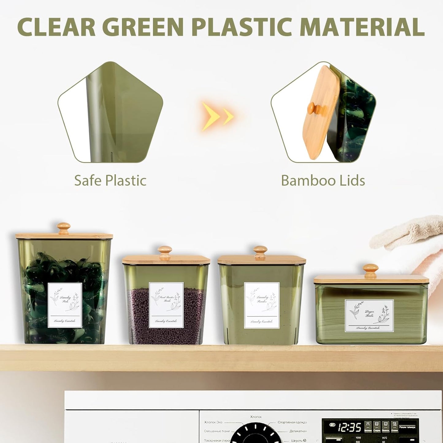 4 Pack Laundry Pods Container & Dryer Sheet Holder, Plastic Pod Holder with Lids & Scoops, Laundry Room Organization and Storage Sets for Powder, Detergent, Scent Booster