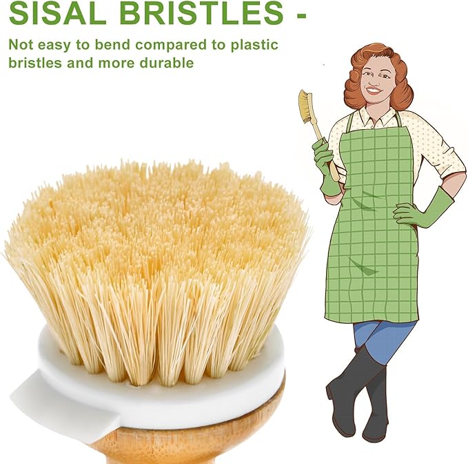 SUBEKYU Bamboo Dish Brush, Kitchen Dish Scrubber Brush, Natural Wooden Dishwashing Brush for Cleaning Dishes/Pans/Pots, Built-in Scraper, Sisal Bristles,1 Set