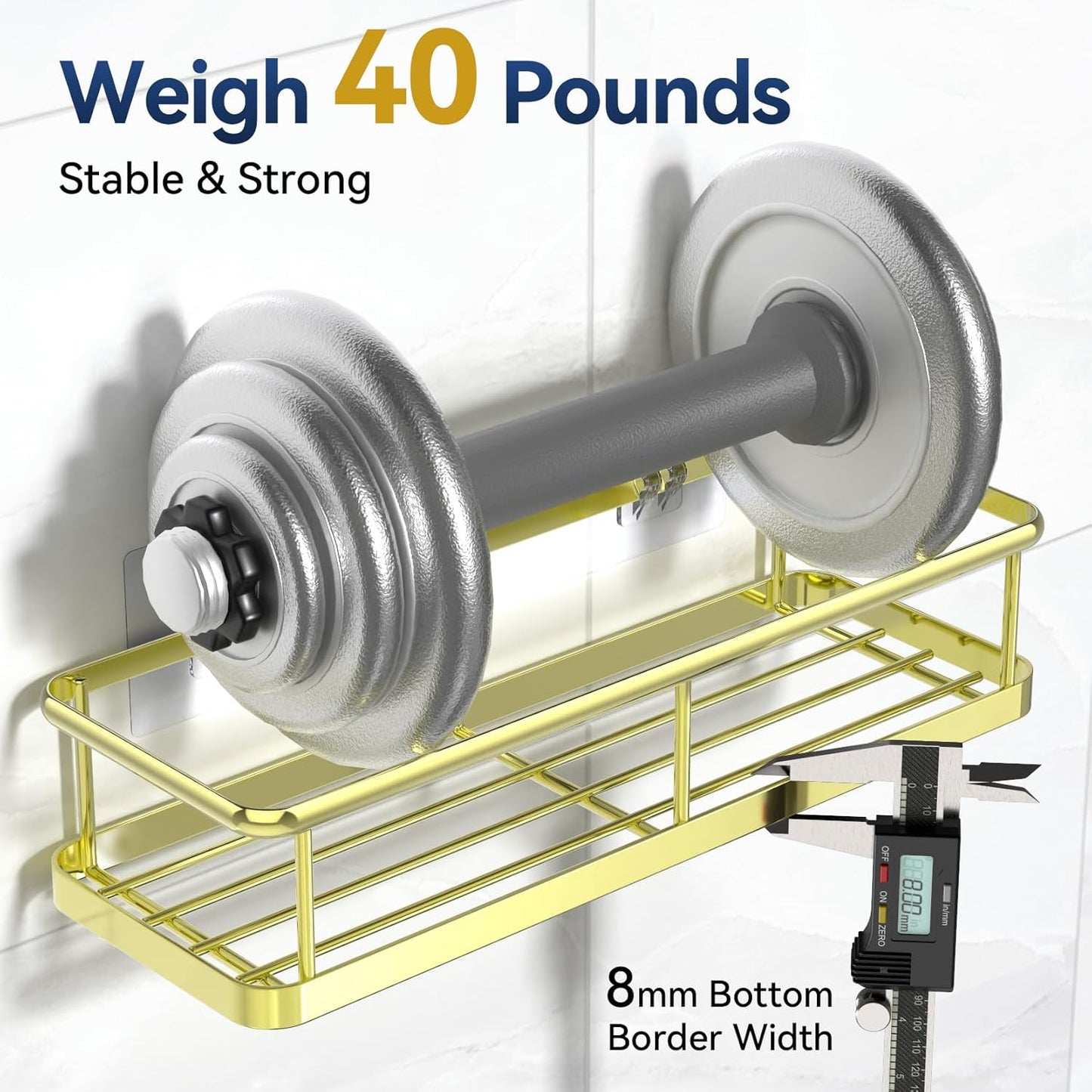 YASONIC Shower Caddy Adhesive, No Drill Bathroom Shower Organizers, with Removable Hooks and Soap Holder, Rust Proof Shower Shelves, Wall-Mounted Shower Holder, 3 Pack, Gold