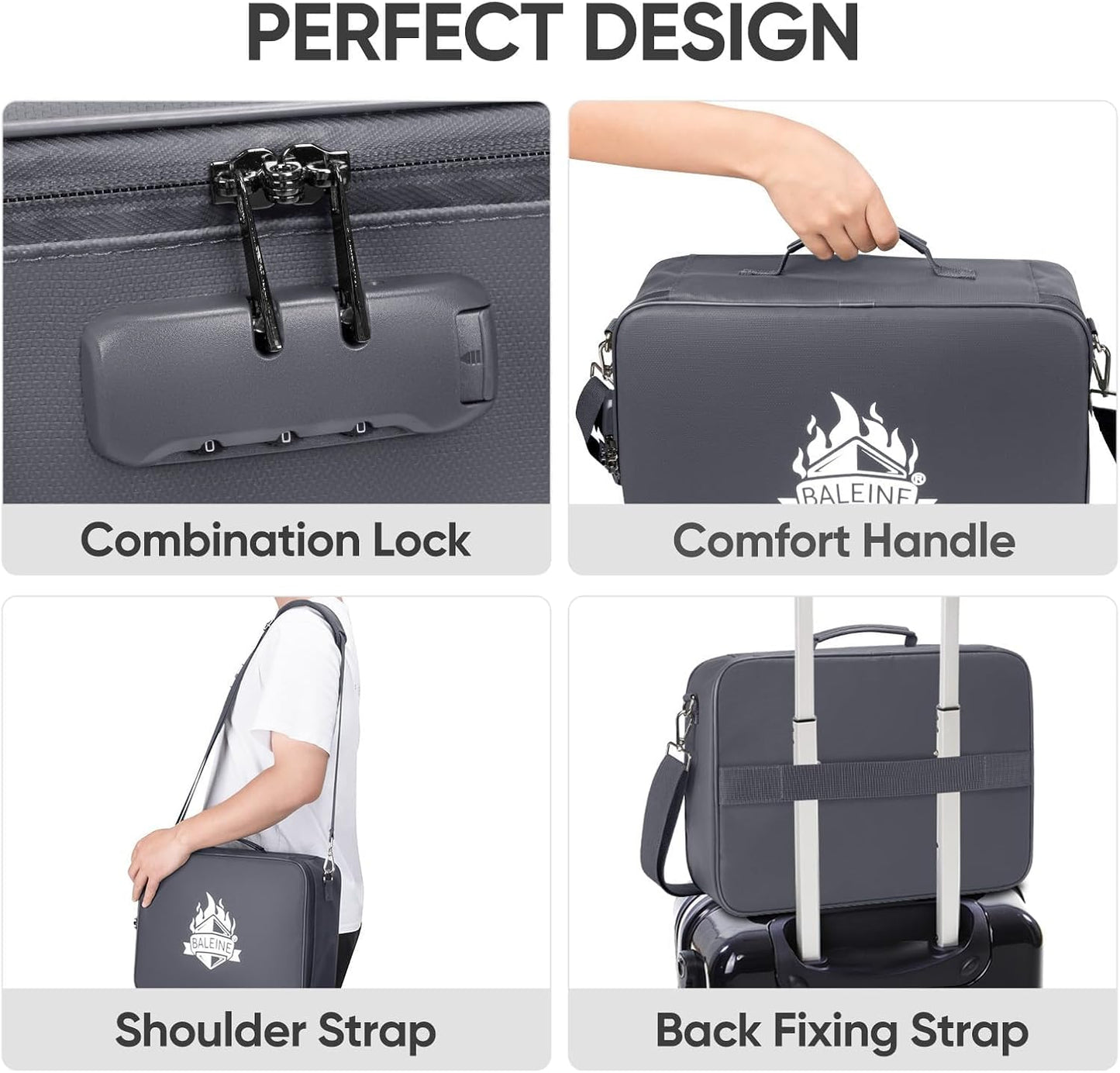 BALEINE Fireproof Document Box with Lock, Portable Fireproof Document Bag Waterproof Fire Proof File Boxes for Documents, File Organizer Box for Important Paperwork (Gray, 15''x11''x4'')