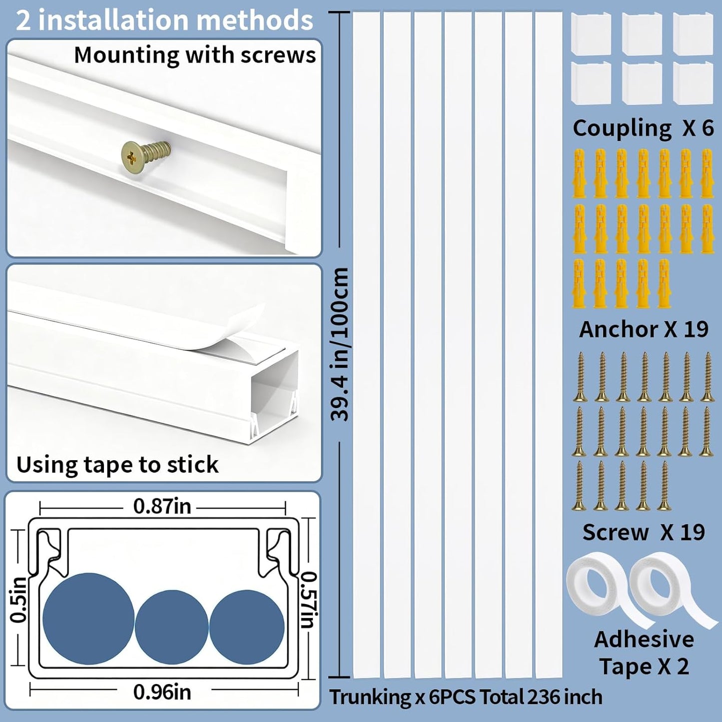 236in Cord Hider Kit, Cord Covers for Wires on Wall, Long, Large, Cord Hider for Wall Mount tv, Paintable Cable Raceway, tv Cable Hider Wall kit, Wire Covers for Cords,6X(L39.4in W0.95in H0.5in) White