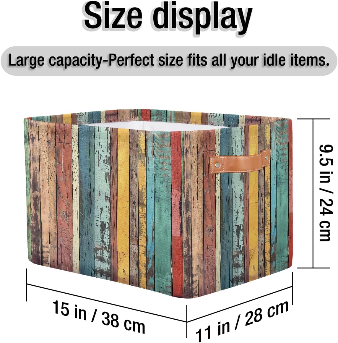 Rustic Wooden Storage Basket for Shelves, Storage Bins with Handles, Collapsible Basket for Organizing, Closet Toy Baskets for Nursery Room, 15x11x9.5 in, Canvas, Rainbow Colored