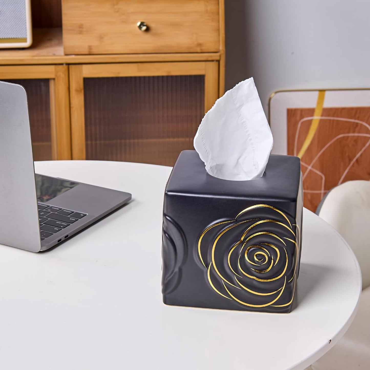 Black Ceramic Cube Tissue Box Cover with Gold Rose – Large Elegant Rose Floral Square Decorative Tissue Box Holder for Bathroom, Bedroom, Office Desk, Kitchen Counter – Perfect Housewarming Gift