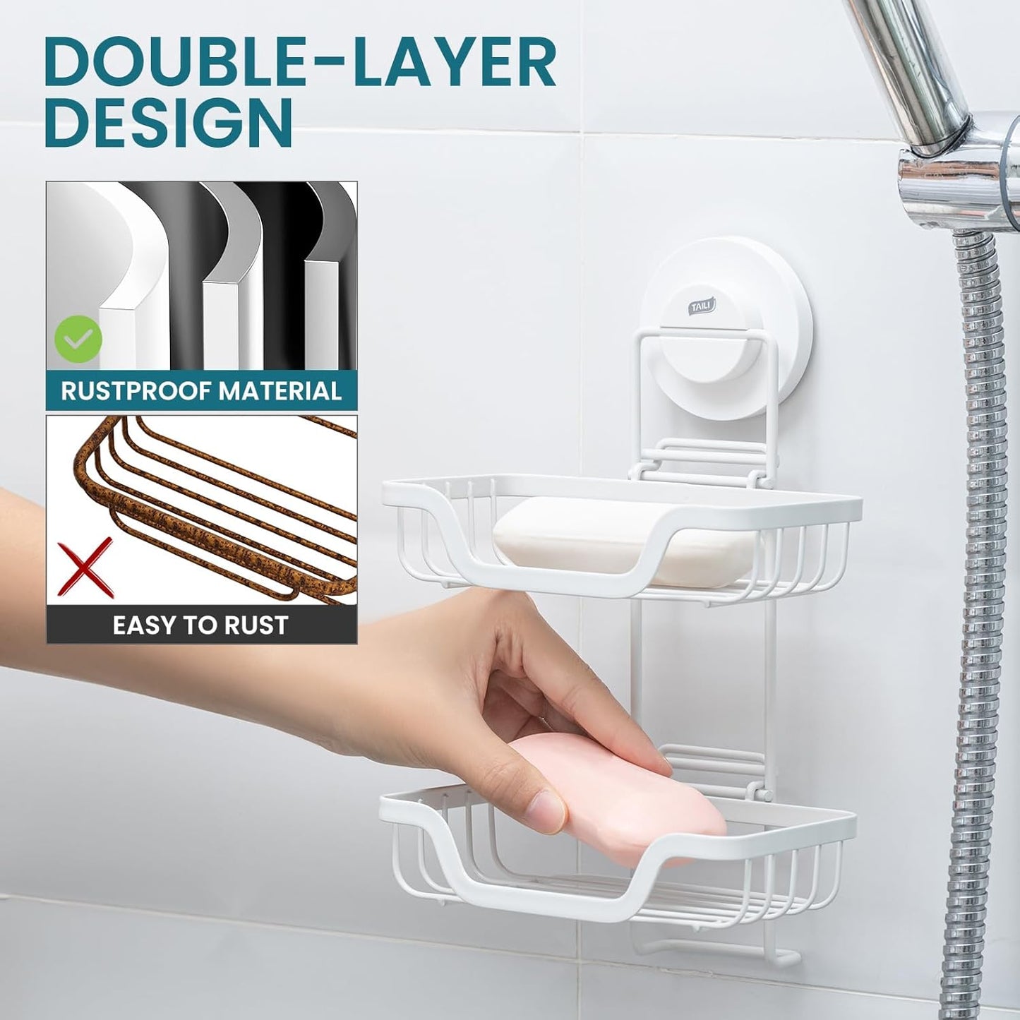 TAILI Double Layer Soap Holder, Bar Soap Dish Suction Cup for Shower Wall, Draining Saver Tray for Bathroom, Rustproof Stainless Steel Sponge Holder for Tub, Kitchen, Drill-Free, White