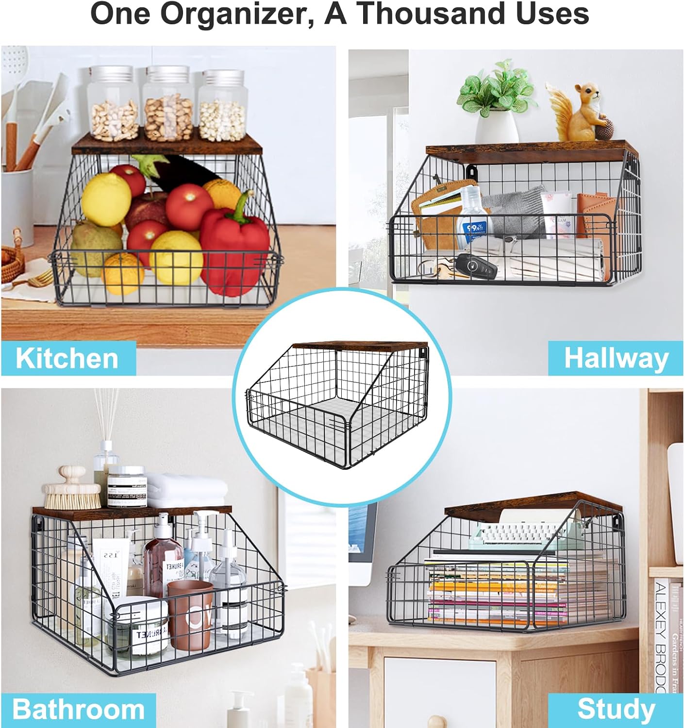 Laundry Room Shelves Wall Mounted with Storage Basket - Farmhouse Stackable Wire Wall Shelves Organizer for Towels, Detergent, Tissues | Space-Saving Over Washer & Dryer(11.8" Wx12 Dx8.5 H)