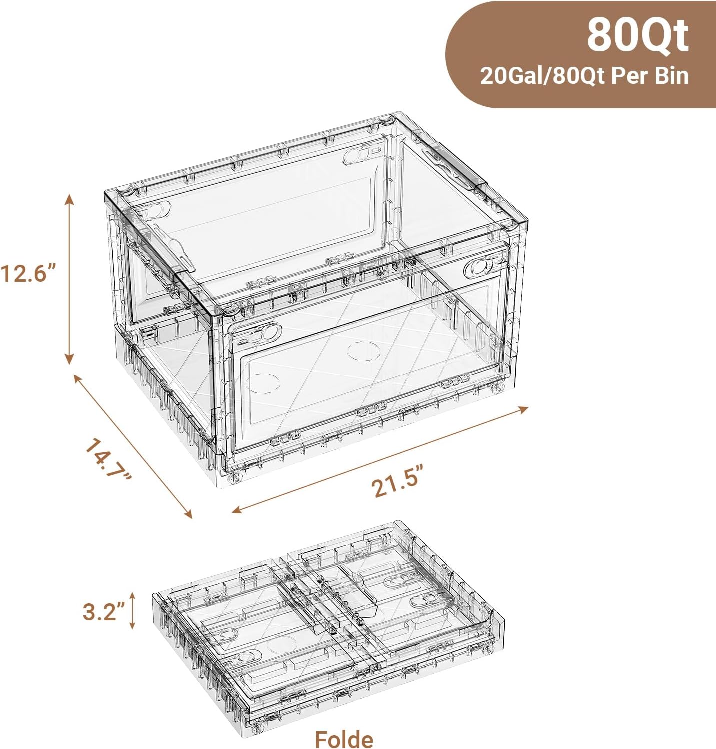 BROVIEW 80Qt Clear Stackable Storage Bins with Lids and Wheels, Shiny Plastic Storage Bins, Foldable PET Drawer Closet Organizers and Storage Cabinets Display Box for Home Craft Makeup, 1 Pack