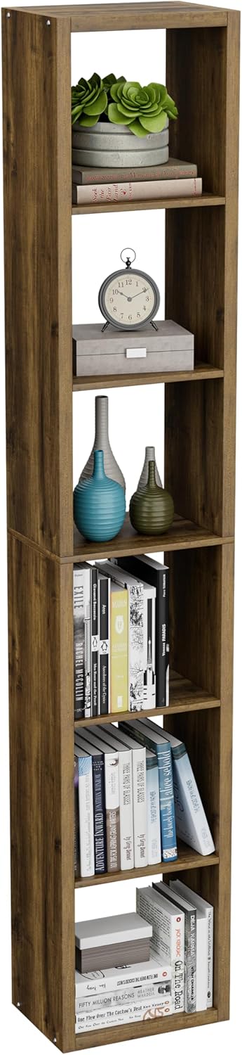 Tall Cube Storage Organizer Bookcase, 6 Tier 11 inch Open Back Cubical Shelf with Thickened Border, Display Bookshelf for Living Room, Home Office, Sturdy Room (Brown, 6 Cube,Vertical)