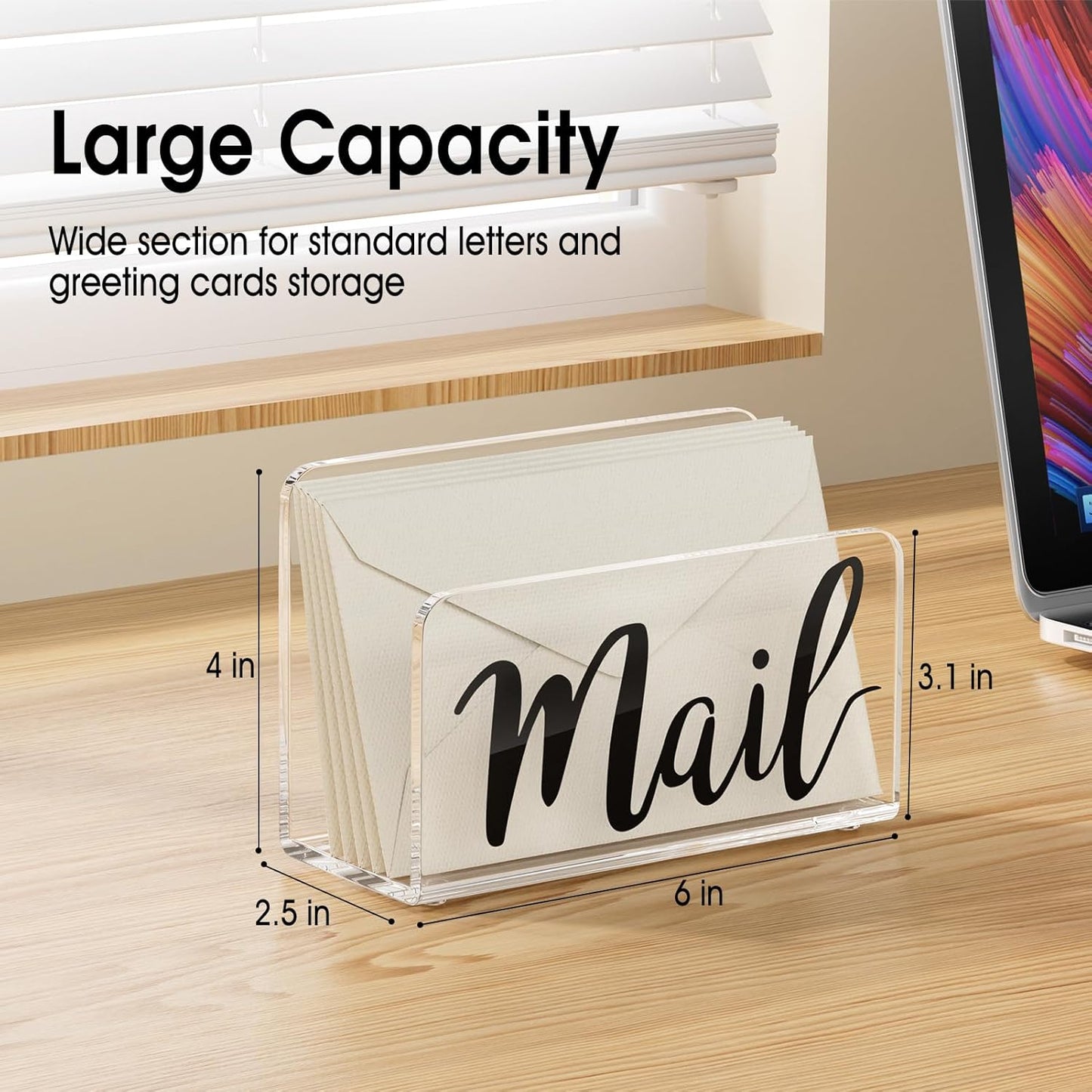 KTRIO Acrylic Mail Holder, Clear Sorter, Organizer Countertop, Print Script Letter Holder for Desk, Envelope Stand for Home Office School