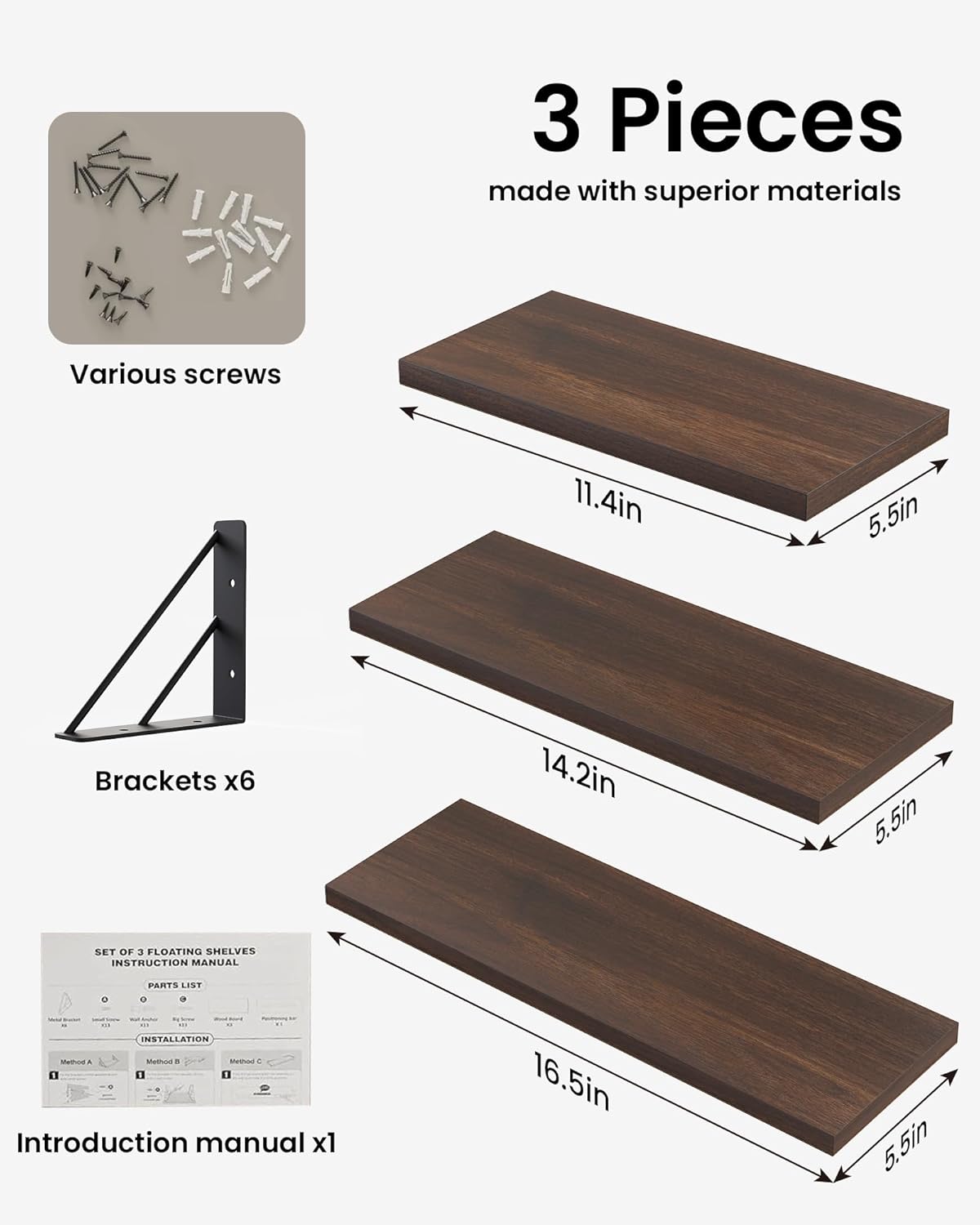 BAYKA Floating Shelves for Wall, Book Shelf for Bedroom, Wall Decor Shelves for Living Room Kitchen, Wood Floating Shelf for Home Decor, Corner Shelf for Bathroom, Office(Walnut-Toned,Set of 3)