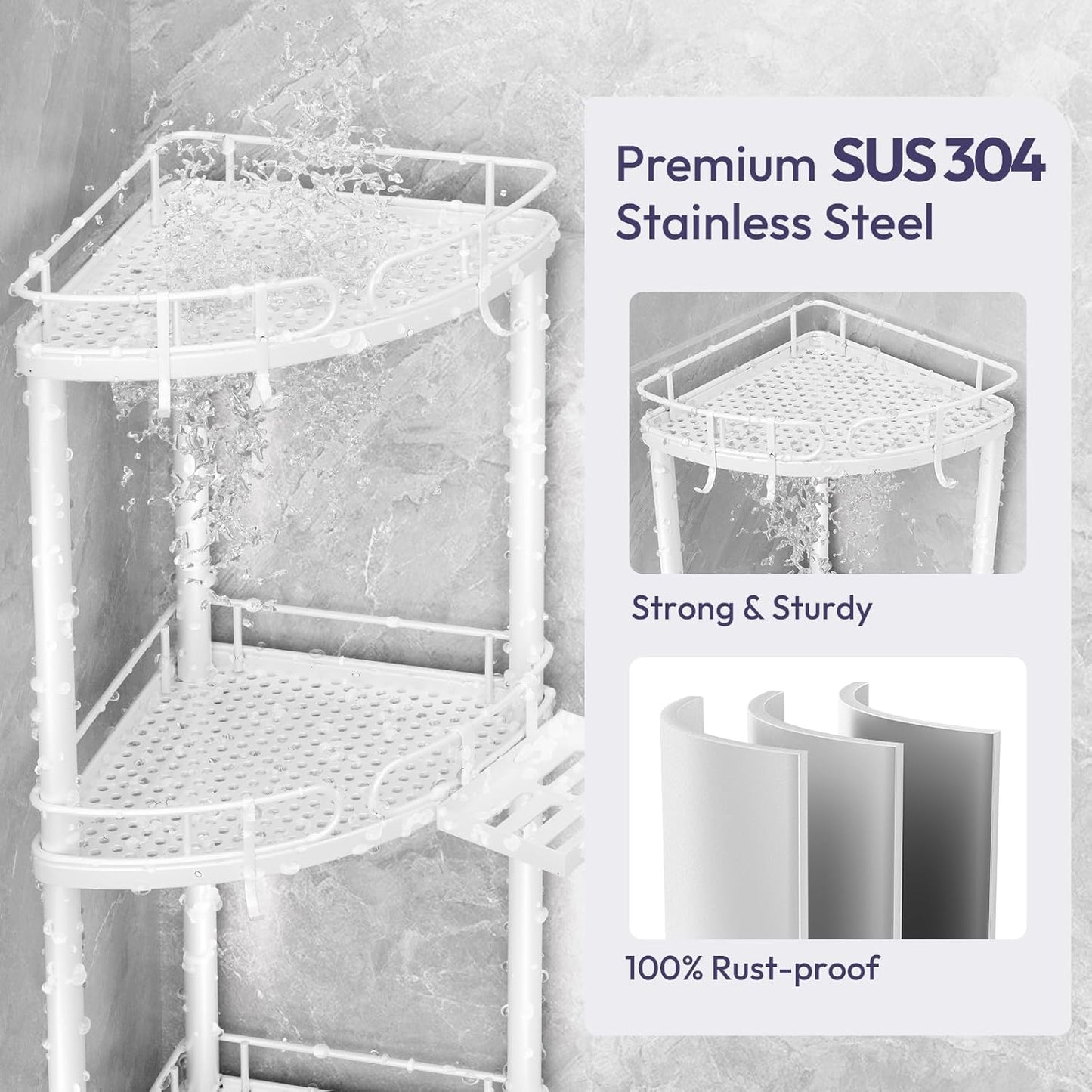 SWTYMIKI Corner Shower Caddy Standing - 3 Tier Stainless Steel Shower Organizer Stand with 4 Hooks & Soap Holder, Rustproof Metal Standing Tall Floor Shower Shelf and Bathroom Organizer, White