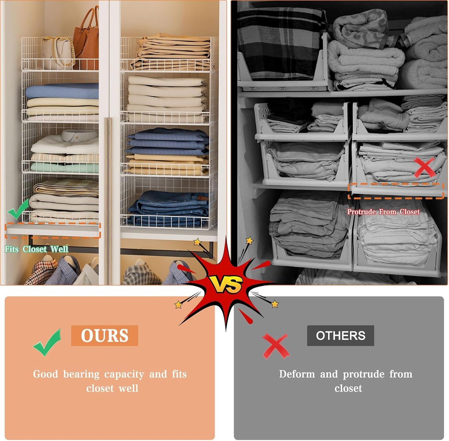 4 Tier Stackable Closet Organizers and Storage Shelves, Foldable Closet Shelf Organizer System, Stackable Storage Bins Drawers for Clothes Organizer System, White(Patent Pending)