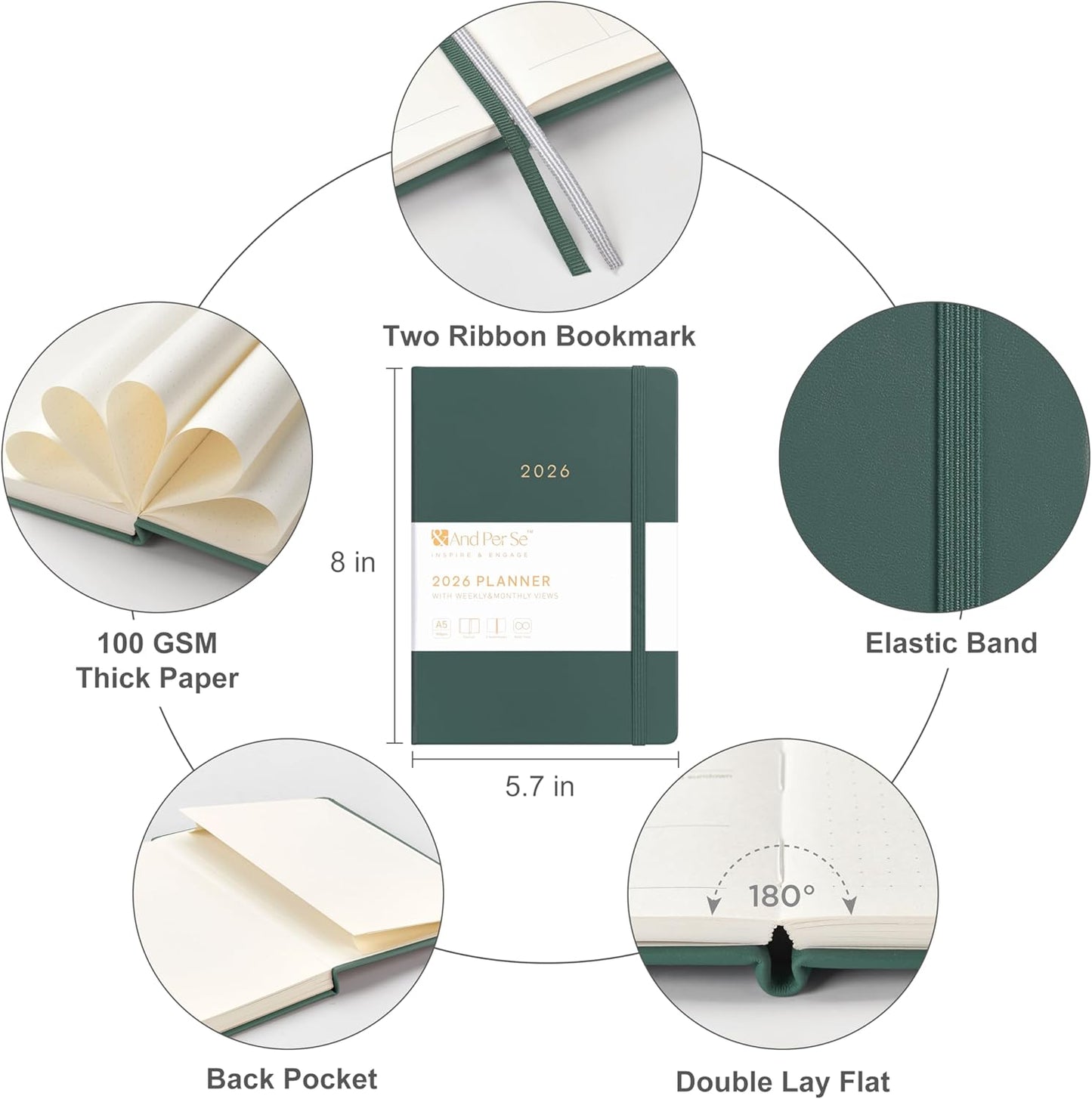 And Per Se 2026 Planner-Daily, Weekly & Monthly Leather Hardcover Planner, 5.7" x 8", Daily Schedule, Monthly Tabs, 100 GSM Thick Paper, Back Pocket(Green)