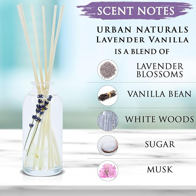Urban Naturals Lavender Vanilla Reed Diffuser Set | Room Scent Infuser with Real Lavender & Natural Flowers | Soothing Scent Makes a Great Housewarming Gift | Great Idea