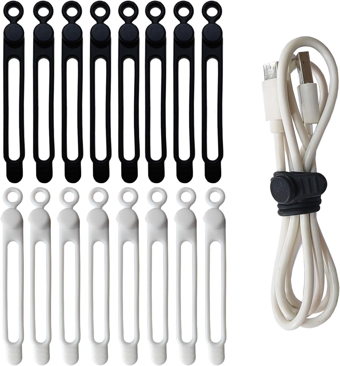 16Pcs Silicone Cable Ties Reusable, Silicone Cord Ties, Rubber Cable Ties,Silicone Cable Organizer for Bundling and Fastening Cable Cords Wires(16Pcs-[White Black], 4.2Inch)