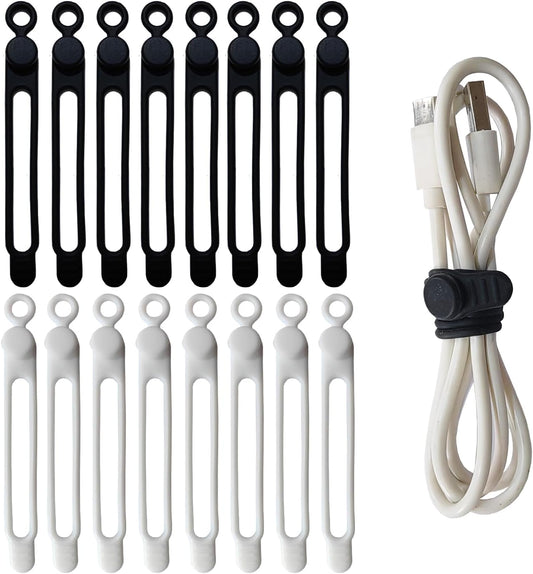 16Pcs Silicone Cable Ties Reusable, Silicone Cord Ties, Rubber Cable Ties,Silicone Cable Organizer for Bundling and Fastening Cable Cords Wires(16Pcs-[White Black], 4.2Inch)