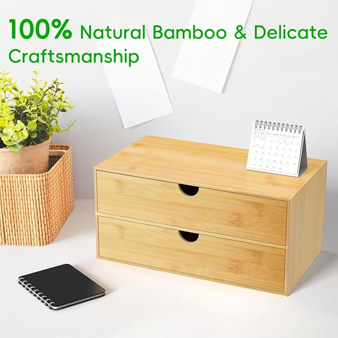 Neando Bamboo Desk Organizer with 2 Drawers, Wooden Countertop Drawers Organizer, Tabletop Storage Organization Box for Office & Home, No Assembly Needed