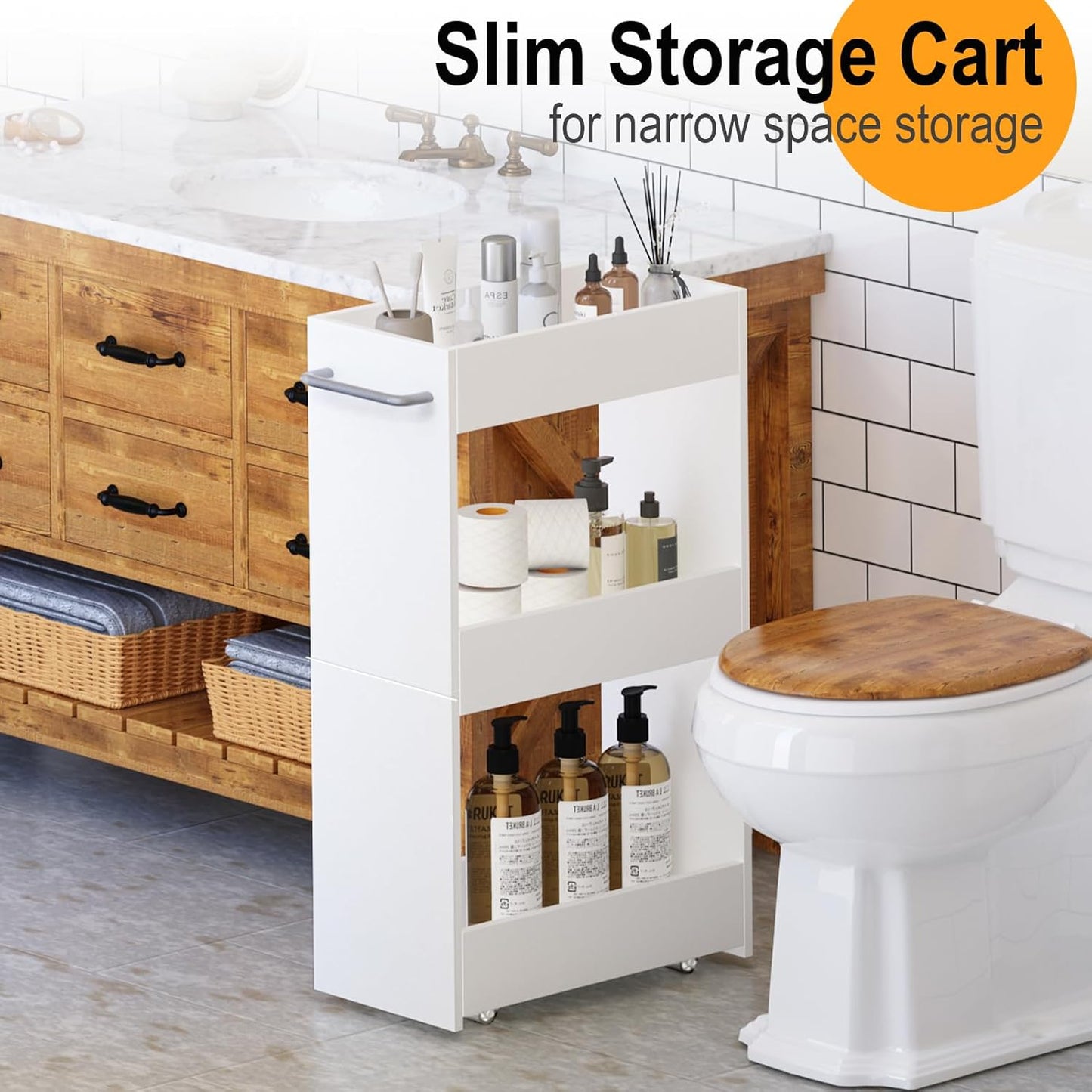 MARTY Wood Rolling Storage Cart 7.9" W, 3 Tier White Slim Utility Kitchen Cart on Wheels Laundry Room Bathroom Organizers Narrow Shelves with Handle Mobile Shelving Unit for Small Places